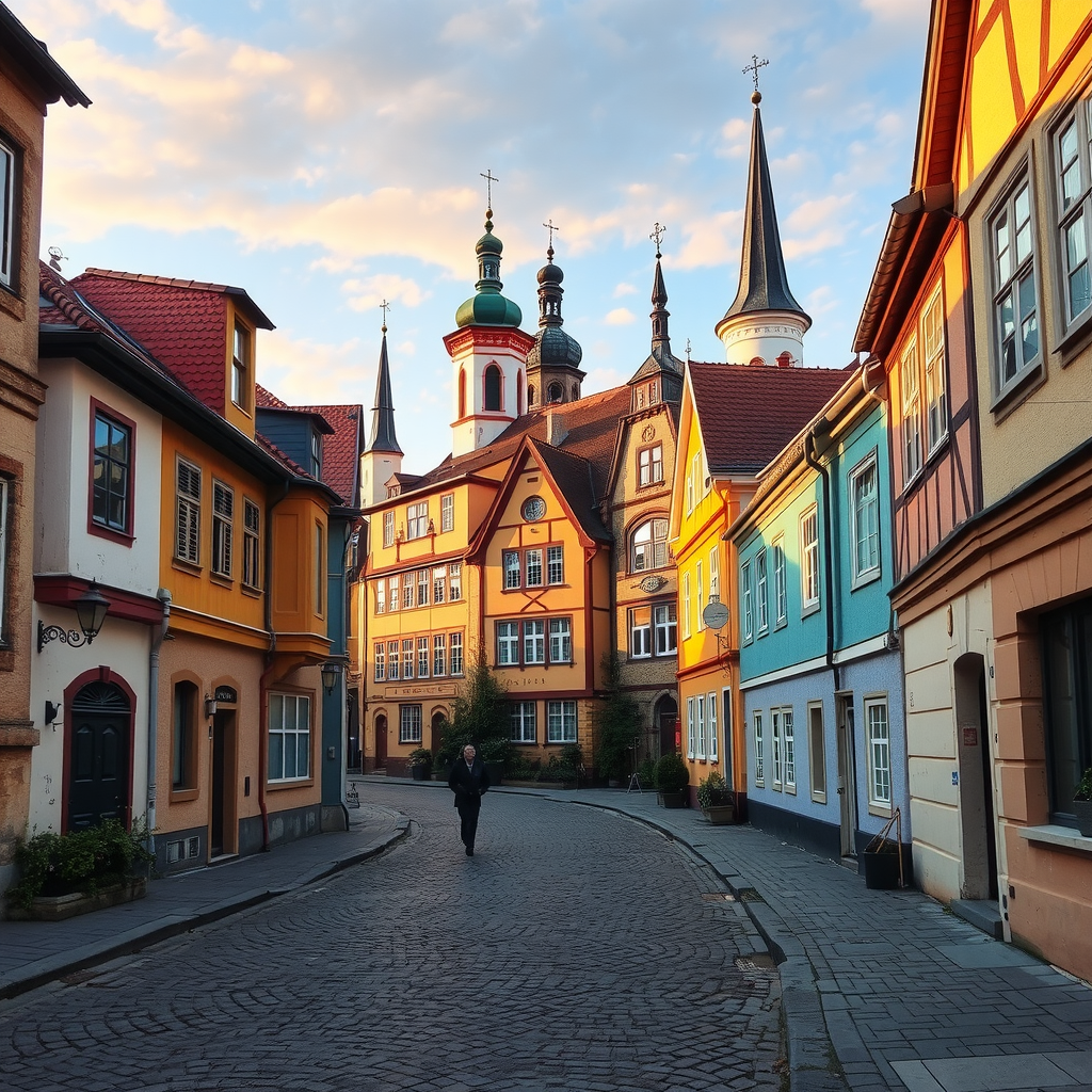 Cobblestone streets of a medieval Eastern European city with colorful historic buildings, church spires, and traditional architecture under golden hour lighting