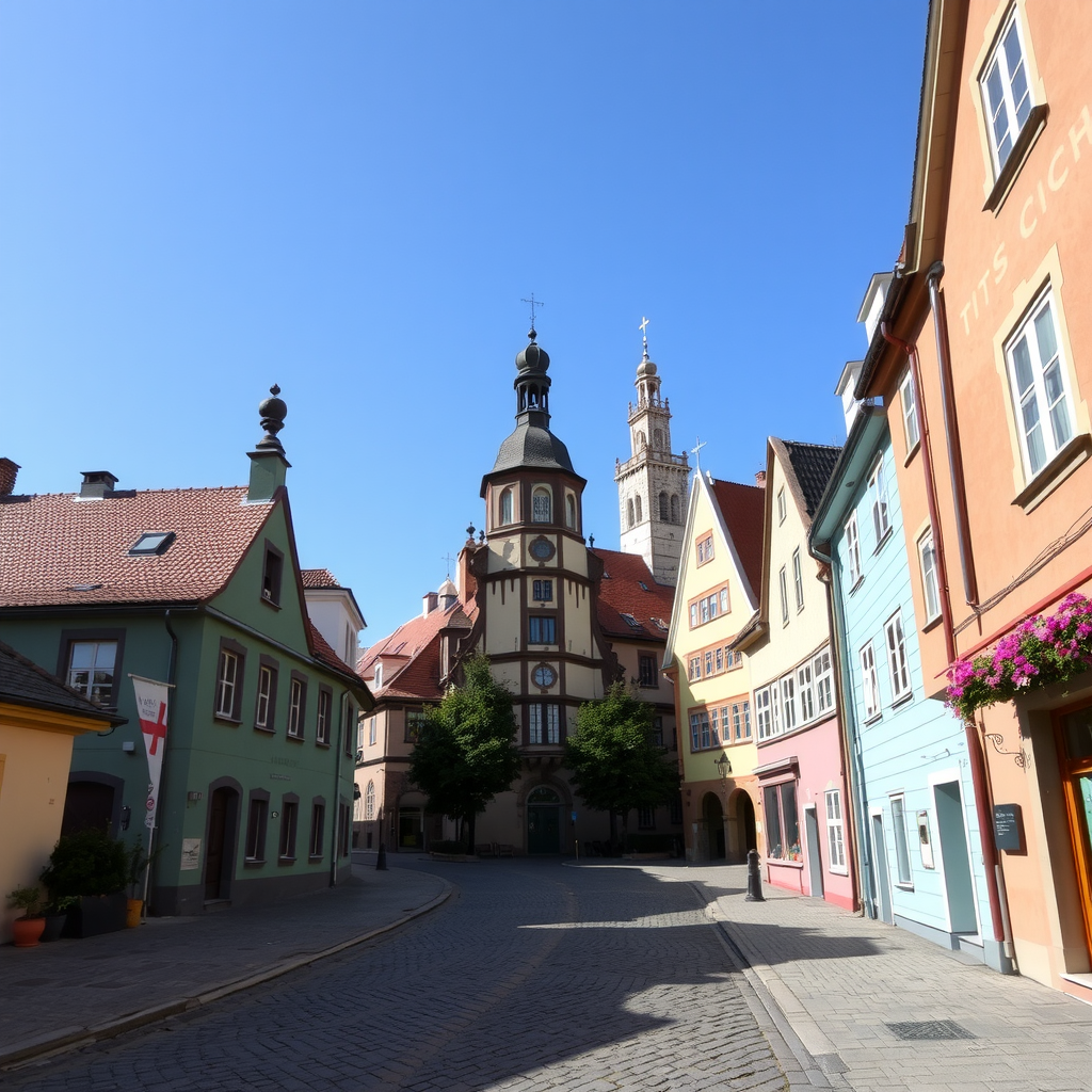 Charming cobblestone street in a medieval Eastern European city with colorful historic buildings, church spires, and traditional architecture under a clear blue sky