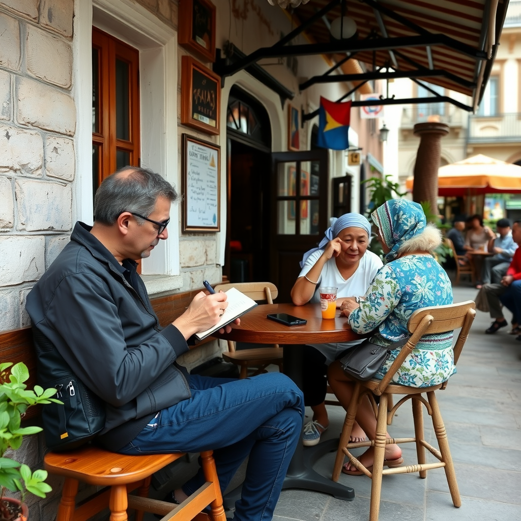 A thoughtful traveler sitting at a small local cafe, writing in a notebook while engaging in conversation with friendly local residents in an authentic neighborhood setting with traditional architecture