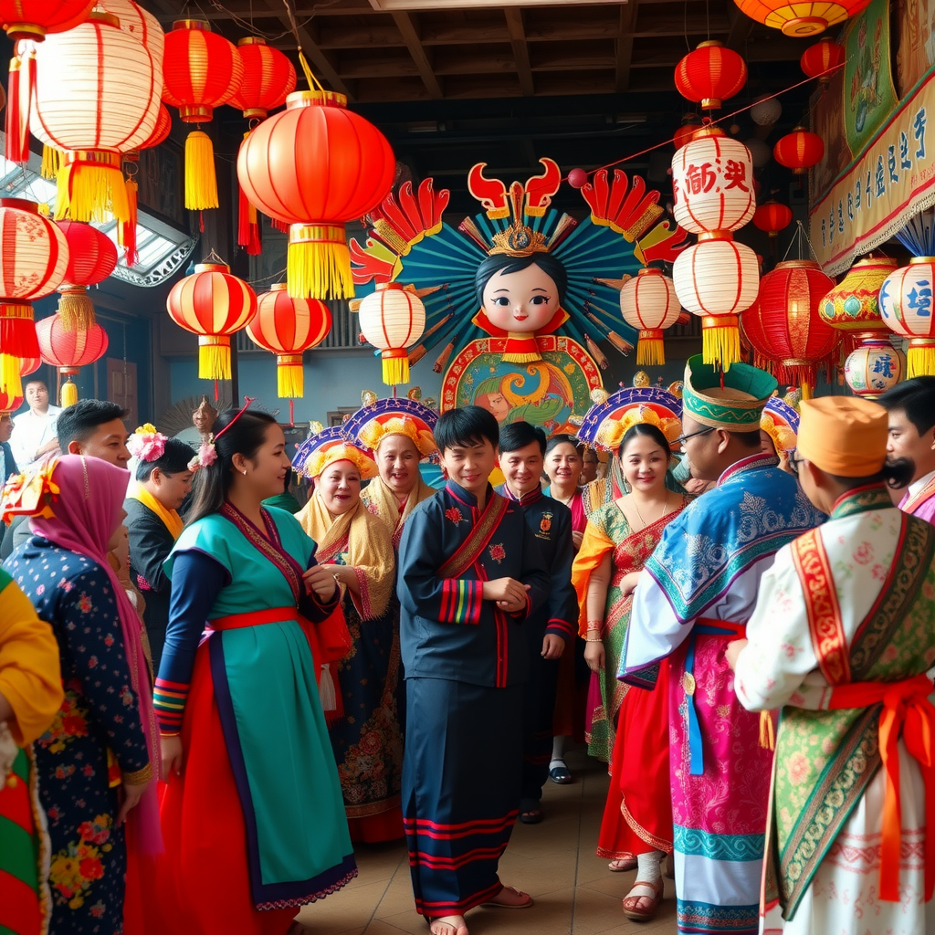 Vibrant traditional festival scene with people in colorful traditional costumes celebrating around decorative lanterns and cultural symbols