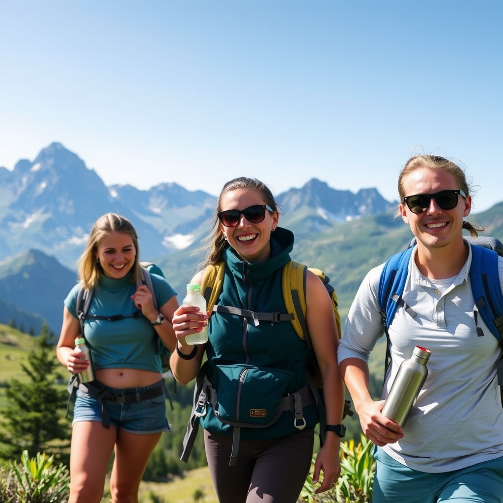 Eco-friendly travelers hiking through pristine mountain landscape with reusable water bottles and minimal impact gear, showcasing responsible tourism practices