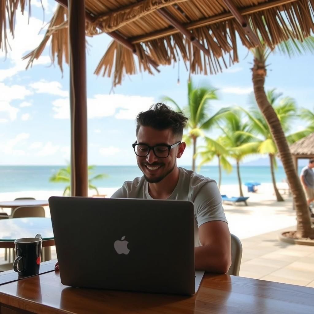 Digital nomad working on laptop at a beachside cafe with palm trees and ocean view in background