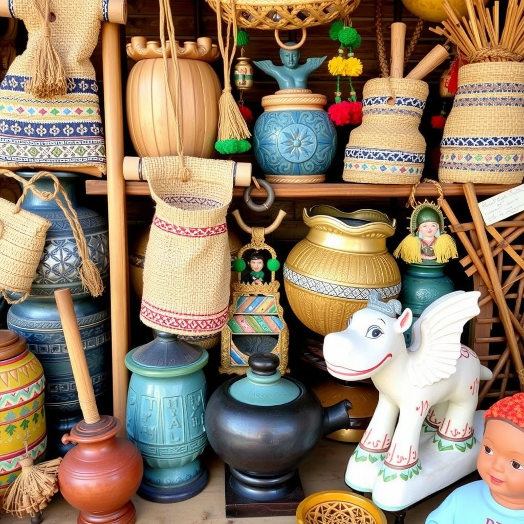 Collection of cultural artifacts, traditional crafts, and local stories representing diverse global traditions and heritage
