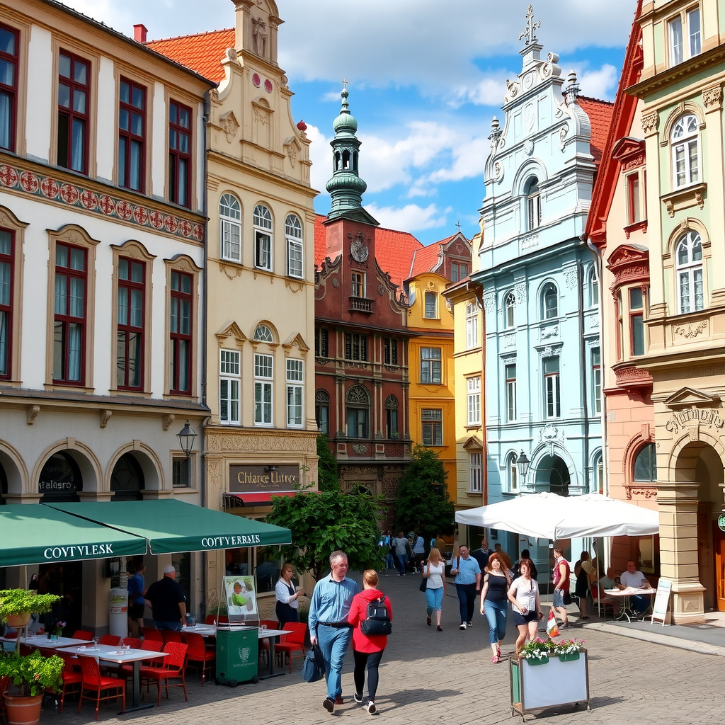 Historic Market Square in Lviv with Renaissance and Baroque architecture, outdoor cafes, and people walking among colorful historic buildings