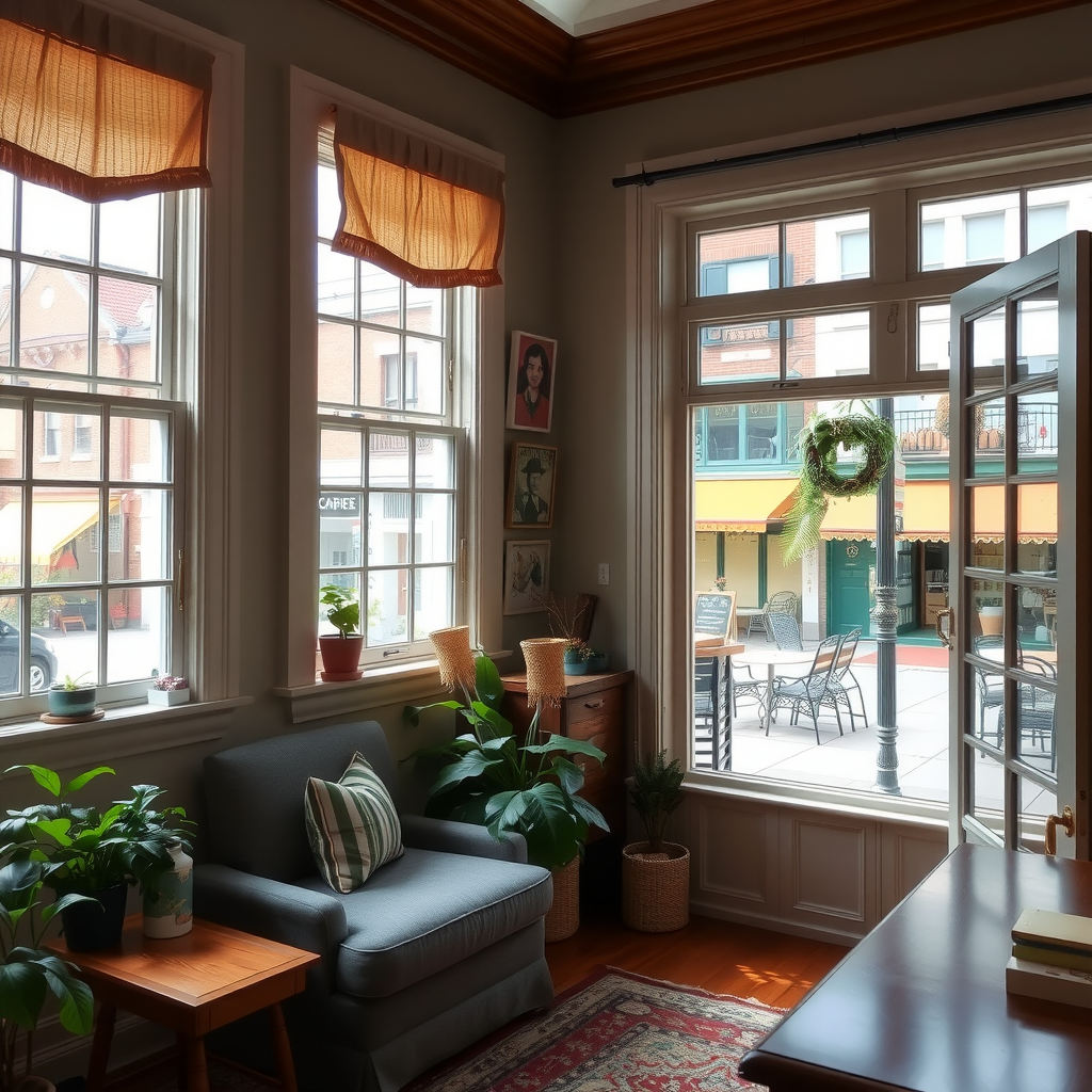 A cozy local apartment interior with traditional decor, comfortable seating area, and windows overlooking a charming neighborhood street with local shops and cafes