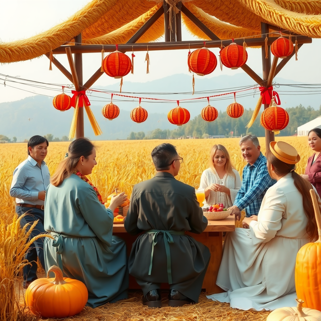 Harvest festival celebration with golden wheat fields, traditional decorations, and families gathering to celebrate seasonal abundance