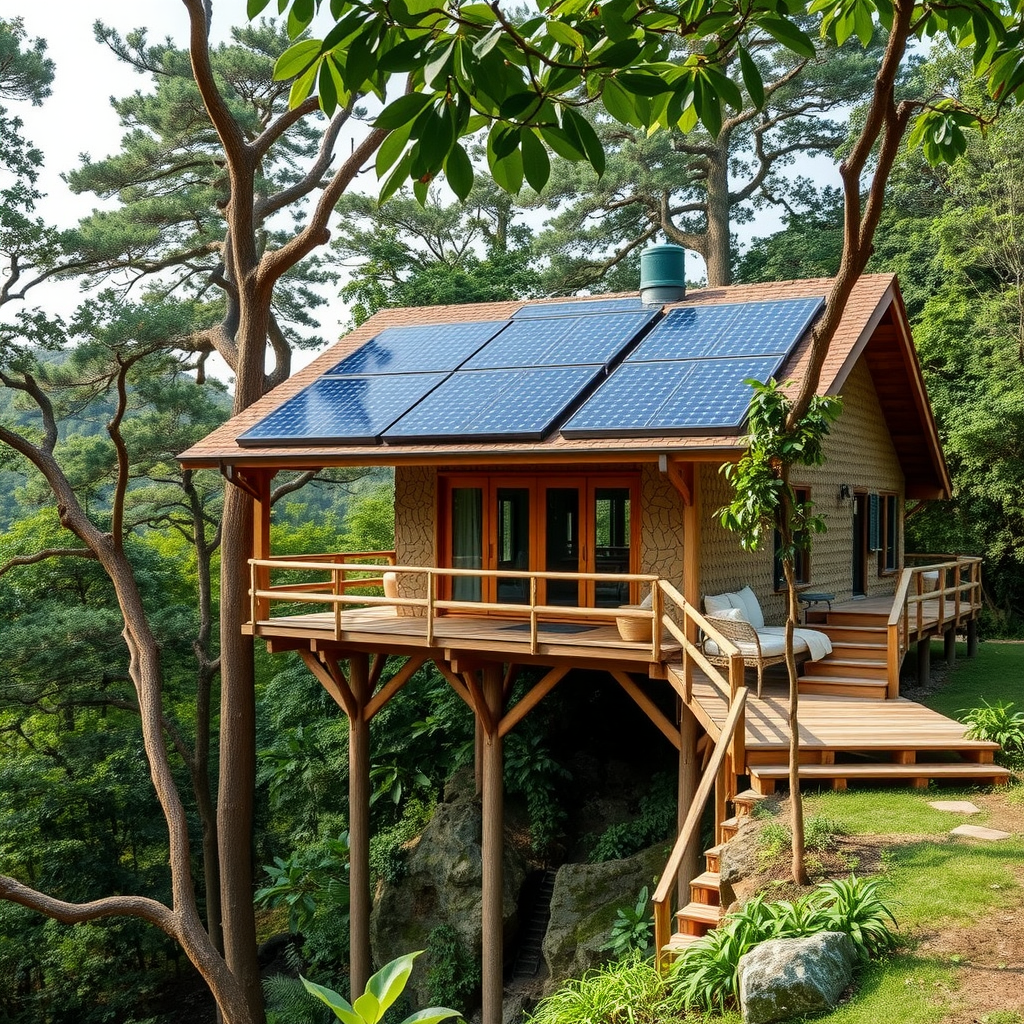 Sustainable eco-lodge built with natural materials, solar panels on roof, surrounded by lush forest with minimal environmental impact design