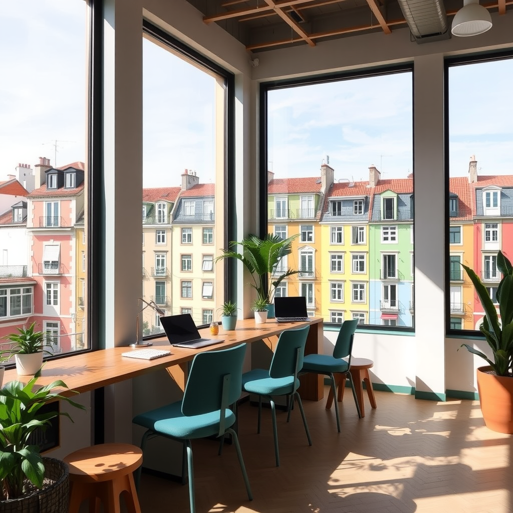 Modern co-working space in Lisbon with large windows overlooking colorful Portuguese architecture