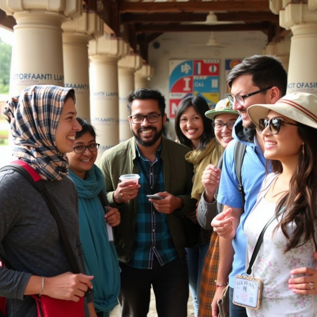 Diverse group of travelers and cultural enthusiasts sharing experiences and connecting across different backgrounds and cultures