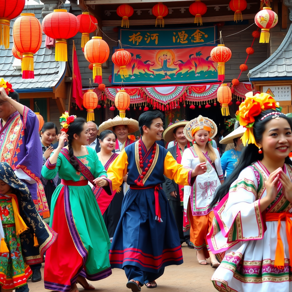 Vibrant traditional festival scene with people in colorful cultural costumes dancing, traditional decorations, lanterns, and ceremonial elements celebrating ancient heritage and community traditions