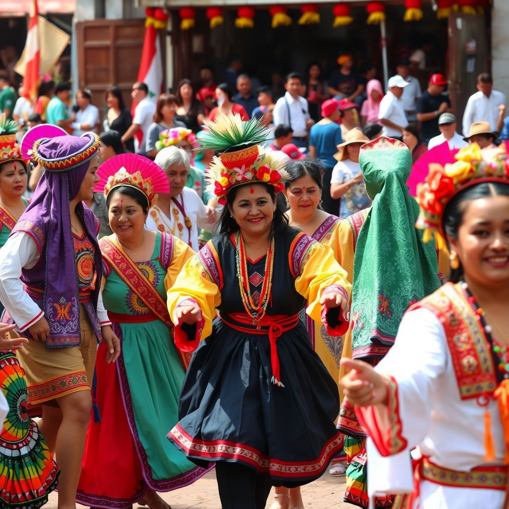 Vibrant traditional festival with people in colorful cultural costumes dancing and celebrating, showing ancient traditions and community gathering