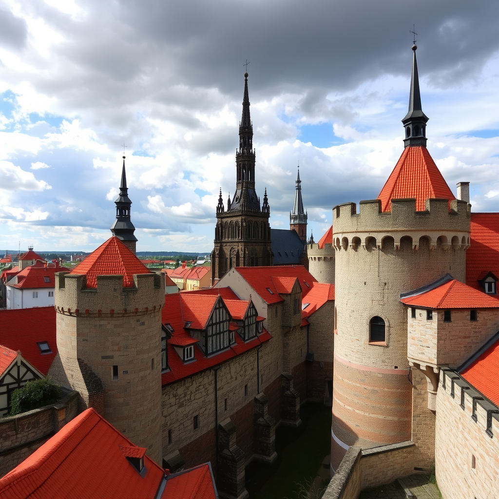 Medieval stone walls and defensive towers of Tallinn Old Town with red-tiled roofs and Gothic church spires against a dramatic sky