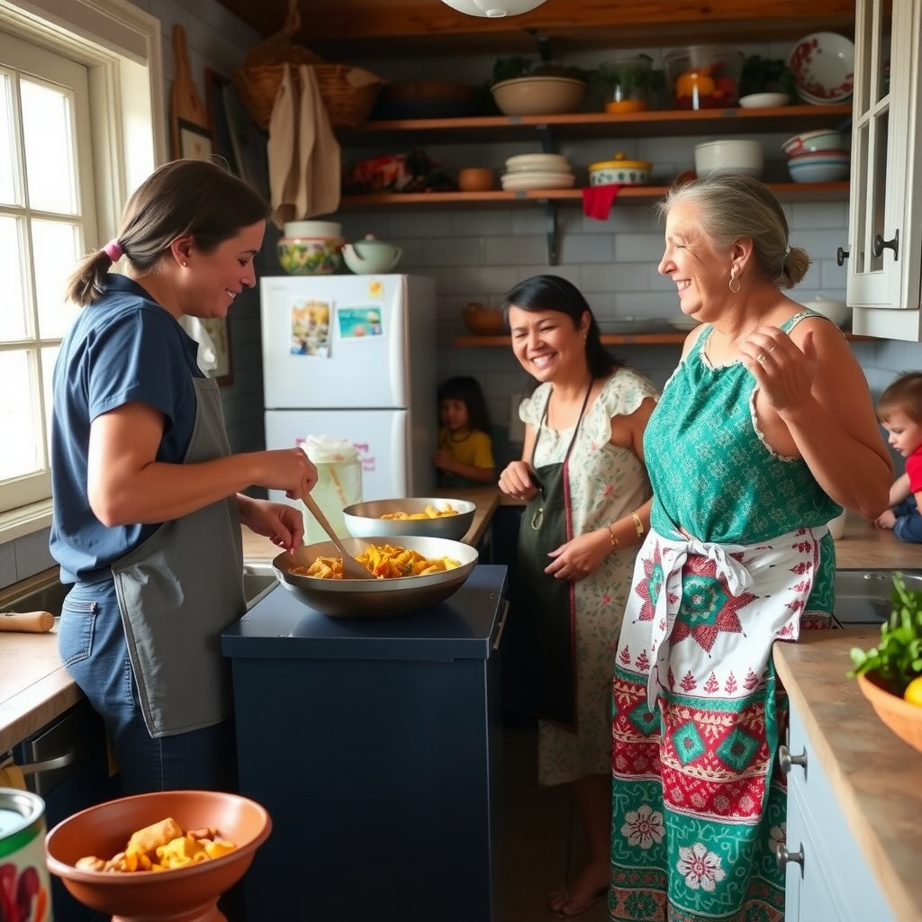 A traveler learning to cook traditional dishes alongside a welcoming local family in their home kitchen, sharing stories and laughter