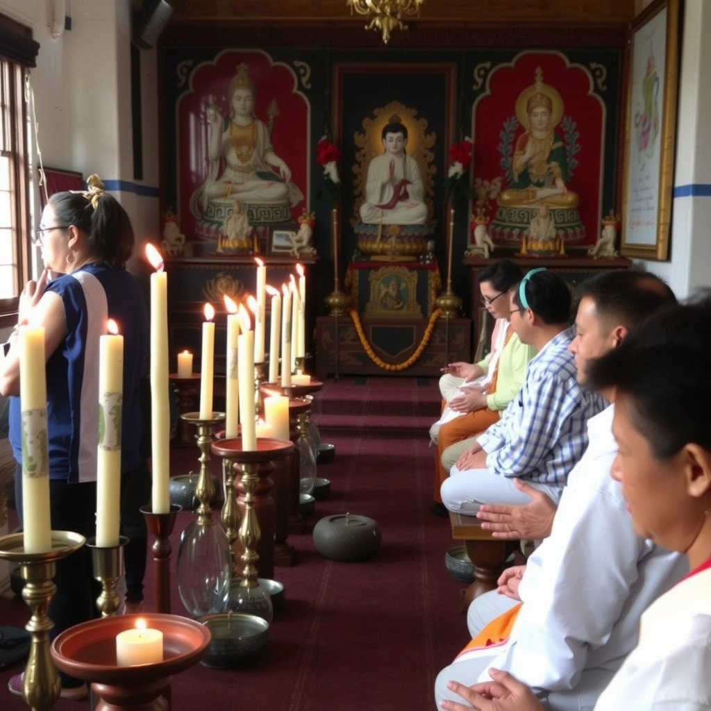 Spiritual ceremony featuring candles, incense, traditional religious symbols, and people engaged in meditation or prayer