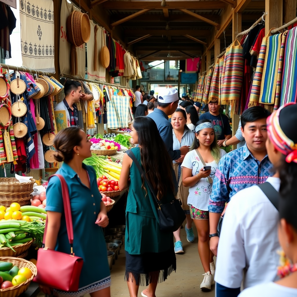Vibrant local market with indigenous vendors selling handmade crafts, fresh produce, and traditional textiles, tourists engaging respectfully with local culture