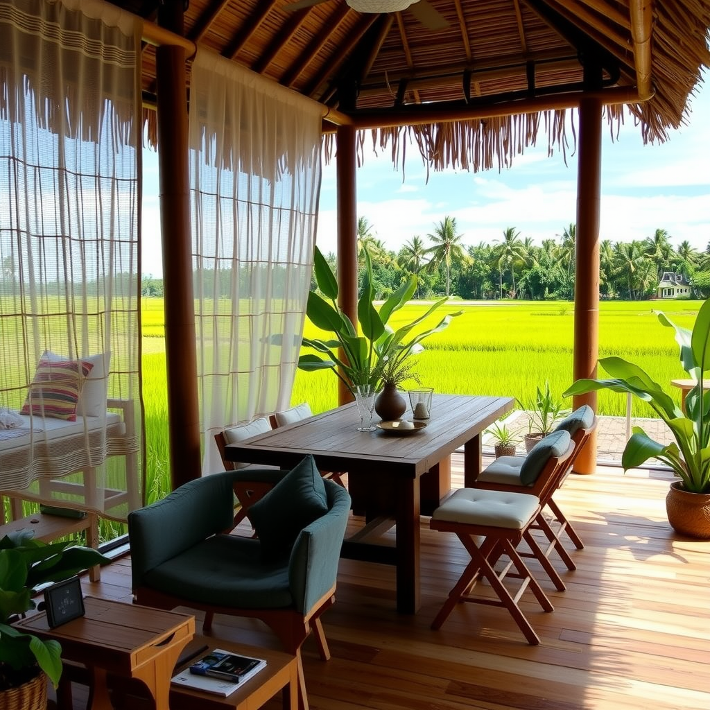 Tropical workspace in Canggu Bali with bamboo furniture and rice field views