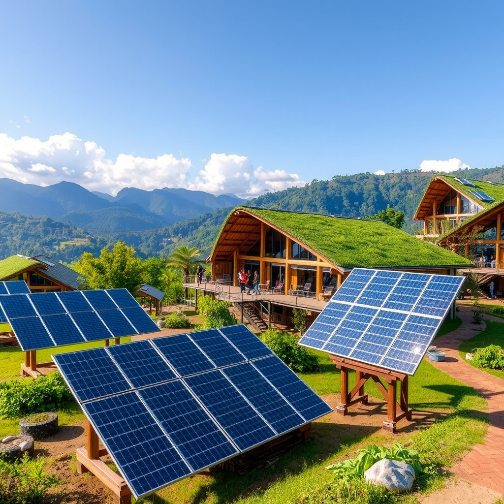 Sustainable eco-lodge in pristine natural environment with solar panels and local community members, showcasing responsible tourism practices