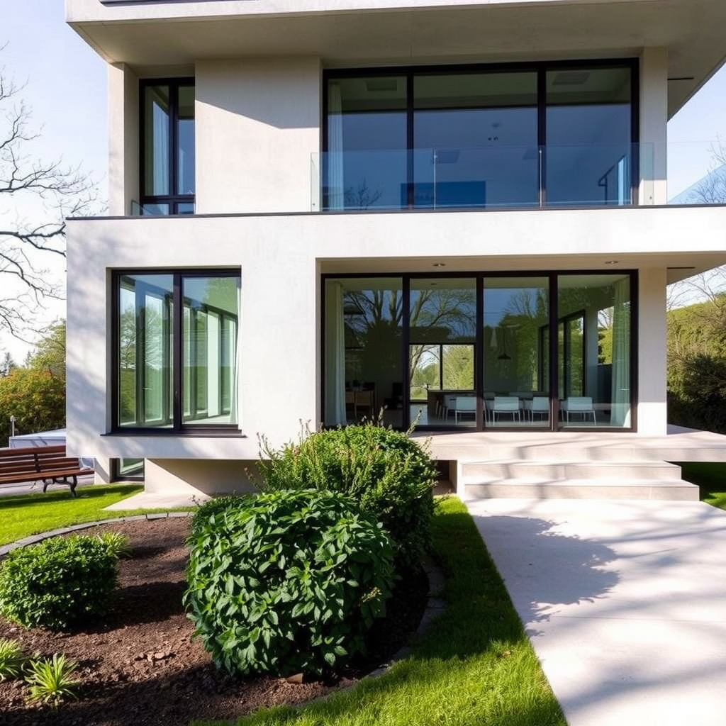 Villa Tugendhat in Brno showing clean modernist lines, large glass windows, and geometric design elements surrounded by landscaped gardens