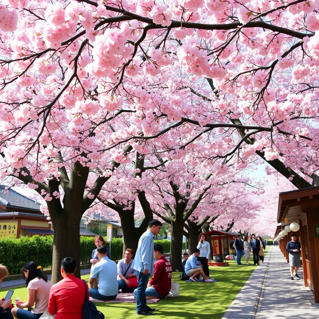 Cherry blossom festival scene with pink flowering trees, people enjoying picnics underneath, and traditional Japanese decorations