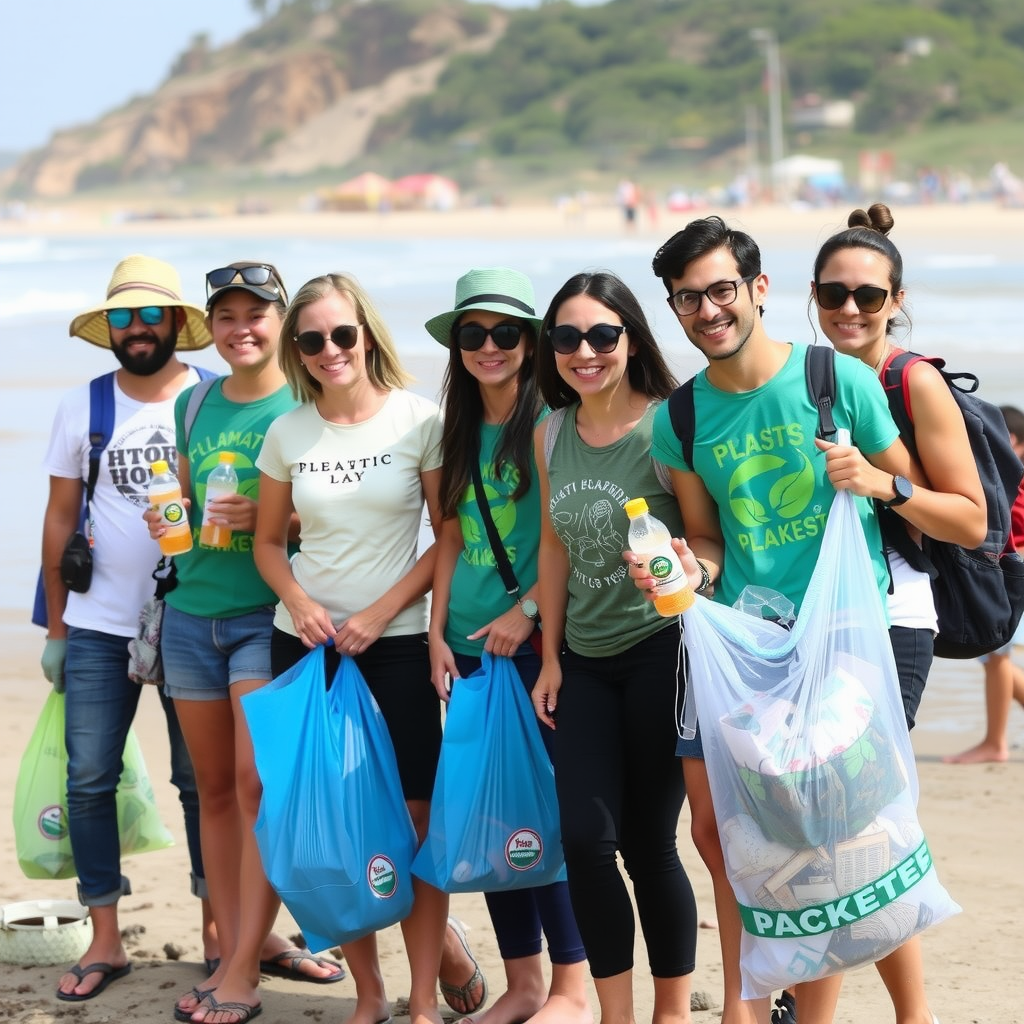 Group of diverse travelers participating in beach cleanup activity, wearing eco-friendly clothing, with reusable water bottles and bags full of collected plastic waste