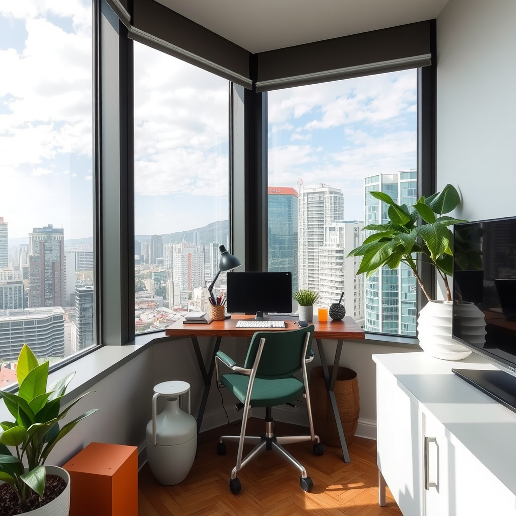 Modern apartment workspace in Mexico City with city skyline view and contemporary design