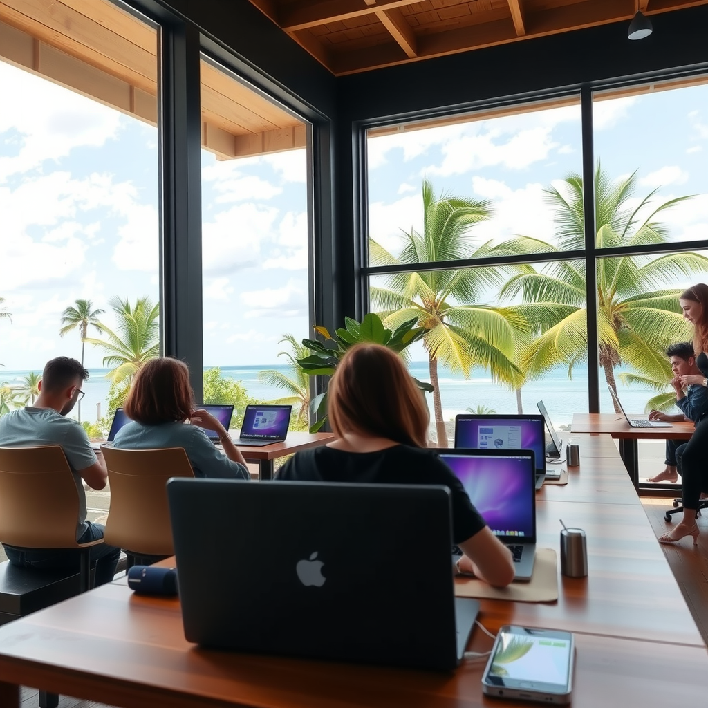 Modern co-working space with laptops and digital nomads working in a beautiful tropical location with palm trees visible through large windows