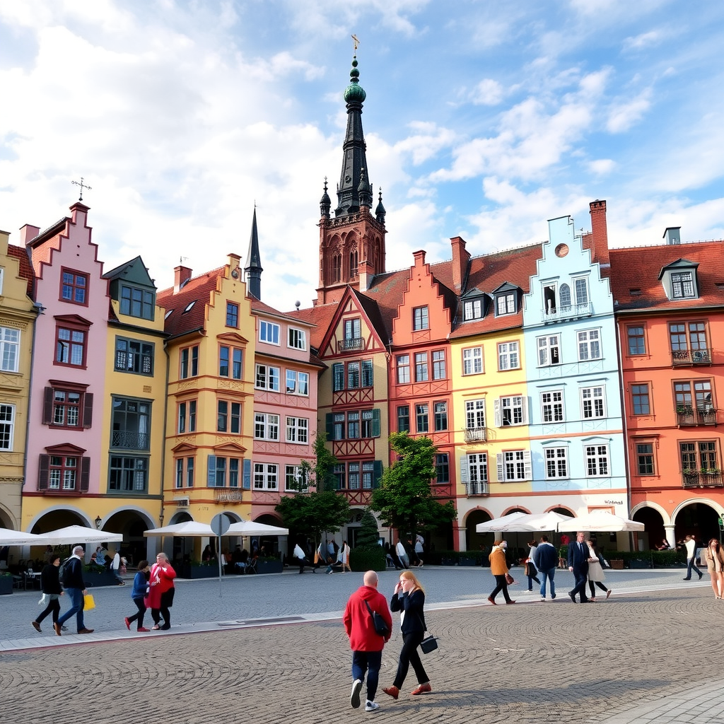 Great Square in Sibiu with colorful medieval houses featuring distinctive dormer windows, Gothic church tower, and people strolling across the cobblestone plaza