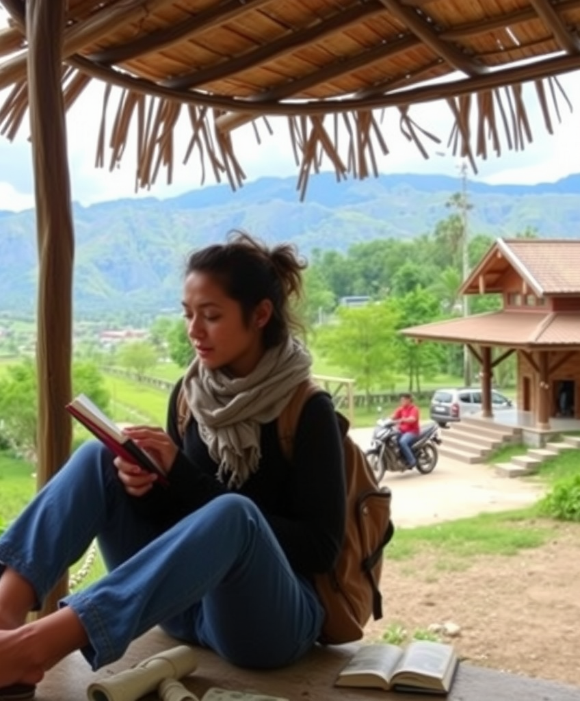 A peaceful traveler sitting in a scenic natural location, writing thoughtfully in a journal with local landscape and traditional architecture in the background