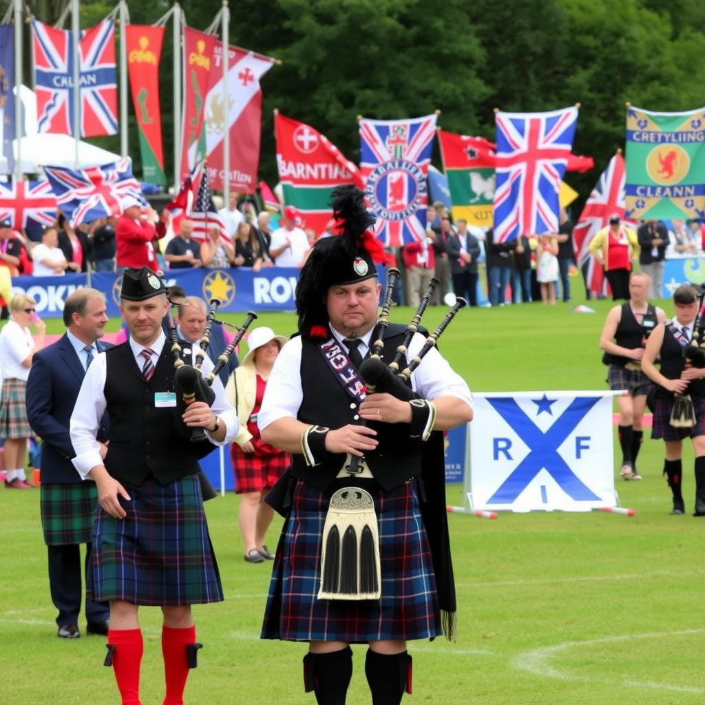 Highland Games celebration featuring people in traditional Scottish kilts, bagpipers performing, athletic competitions, and colorful clan banners