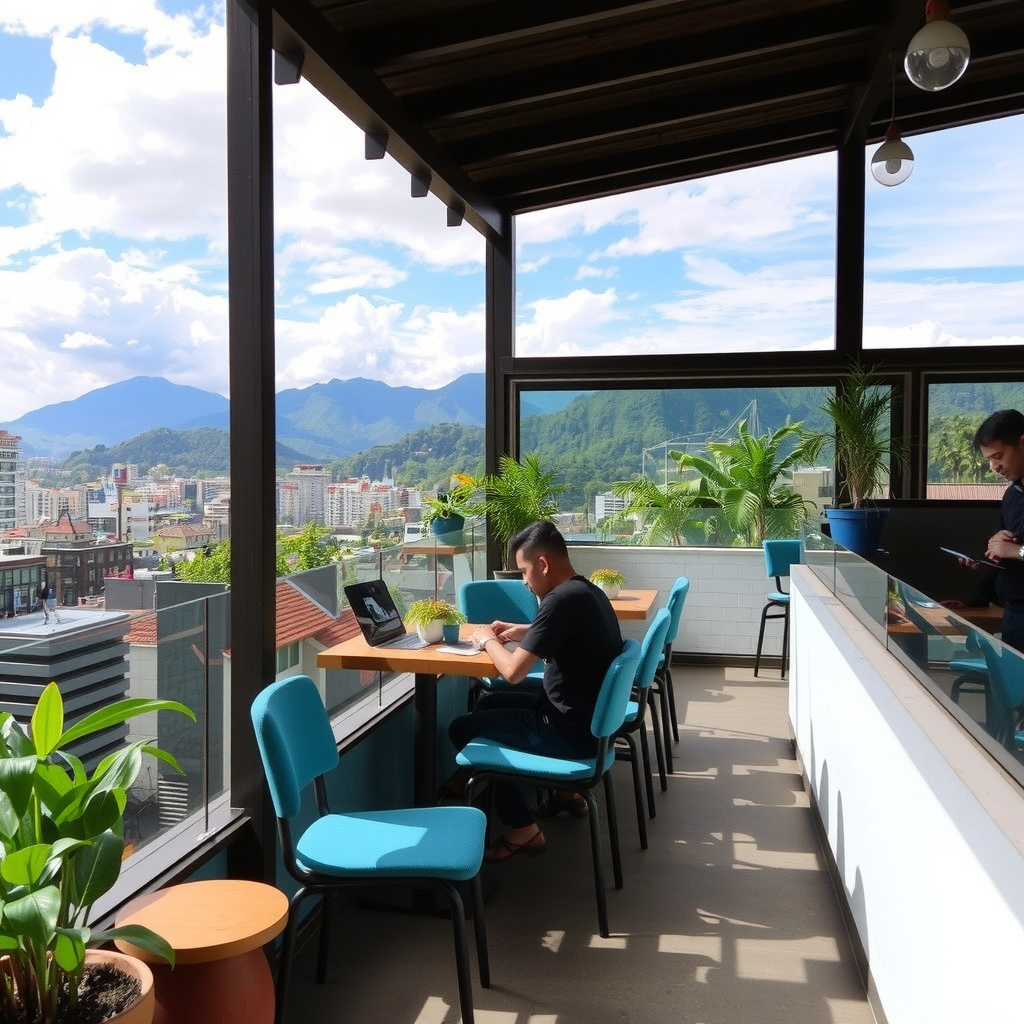 Rooftop cafe workspace in Medellín with mountain views and modern Colombian architecture