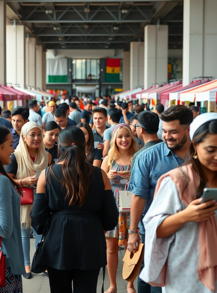 Modern multicultural festival scene with diverse people sharing different cultural traditions, foods, and performances in a contemporary setting
