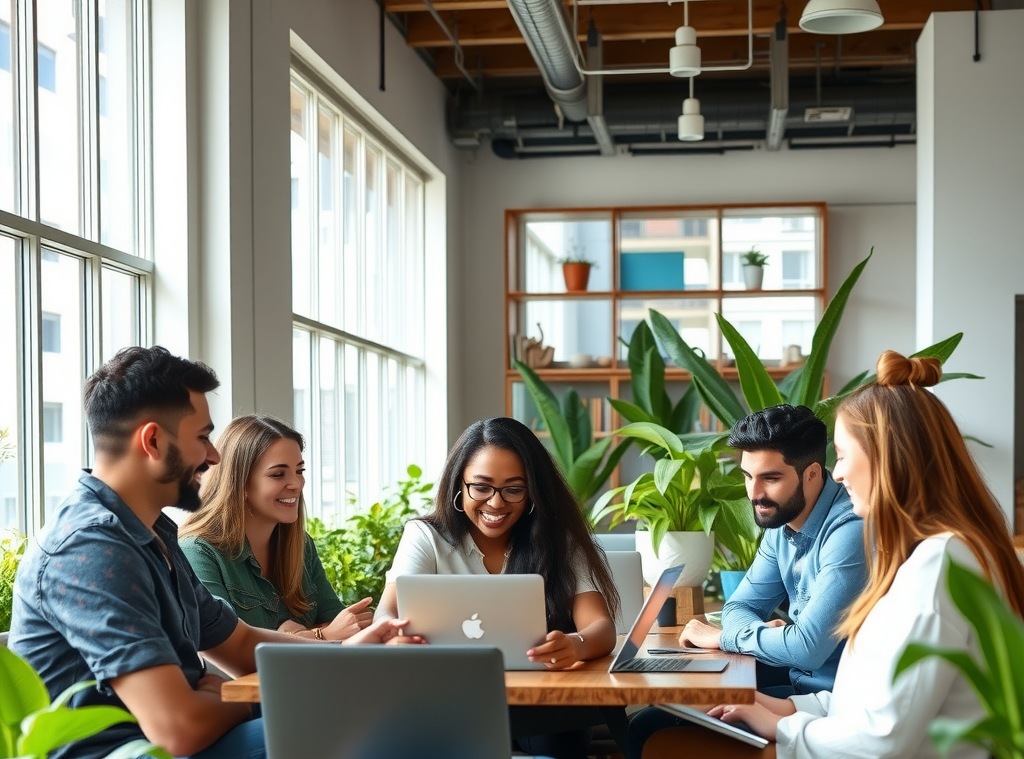 Diverse group of digital nomads collaborating in a bright modern co-working space with plants and natural light