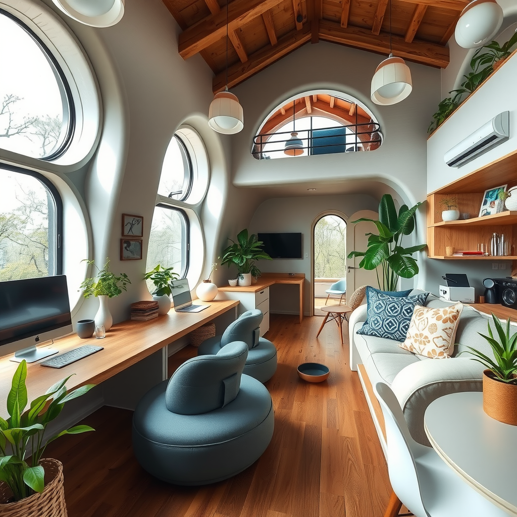 Futuristic co-living space with integrated workstations and community areas showcasing the future of nomad accommodation